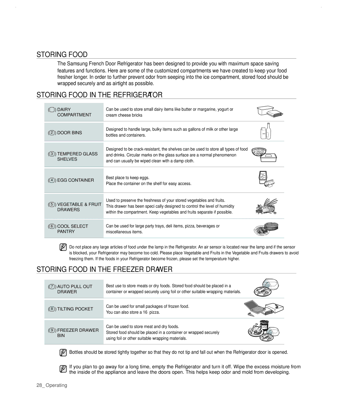 Samsung RF26VABBP user manual Storing Food in the Refrigerator, Storing Food in the Freezer Drawer 