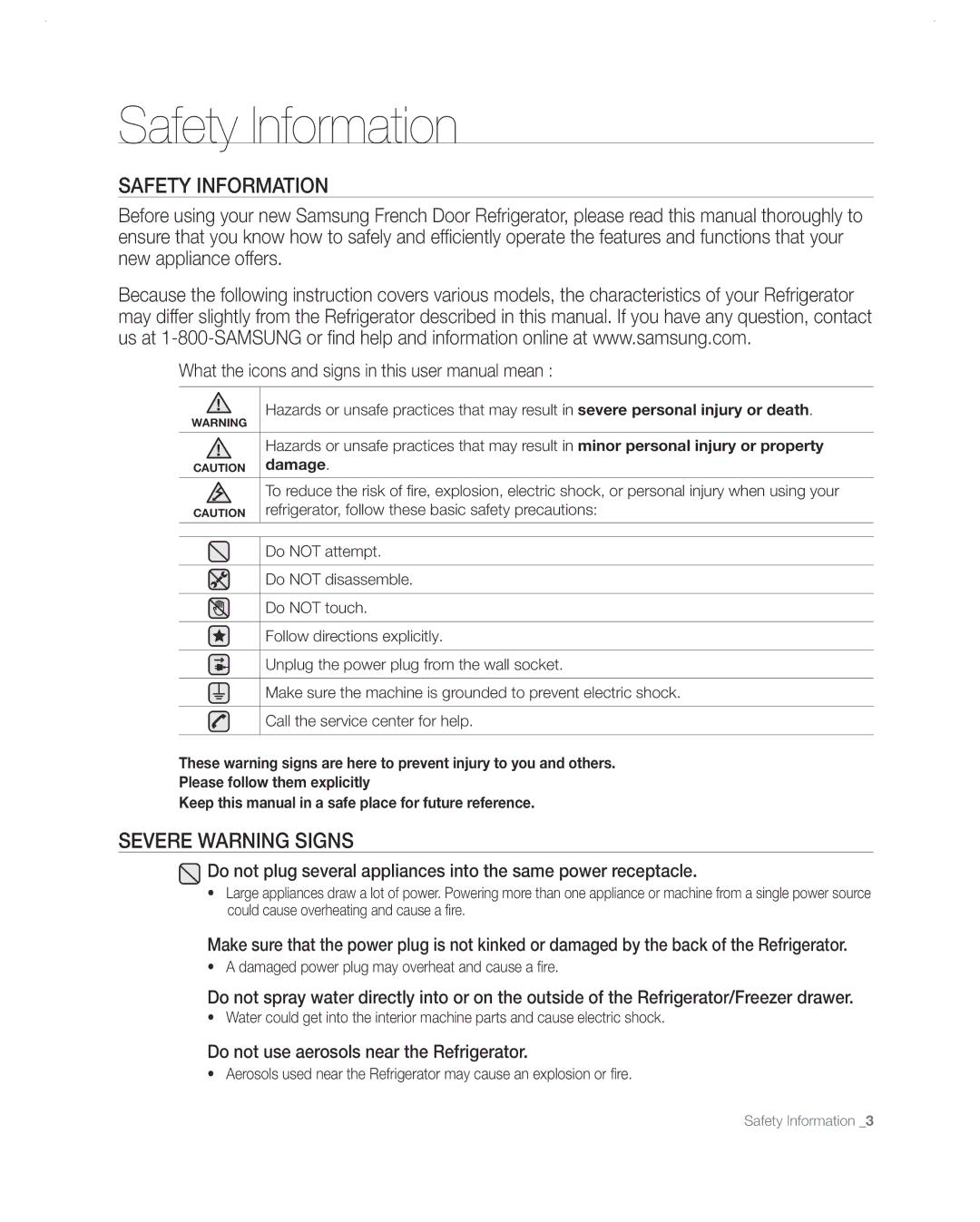 Samsung RF26VABBP user manual Safety Information, Severe Warning Signs, Do not use aerosols near the Refrigerator 