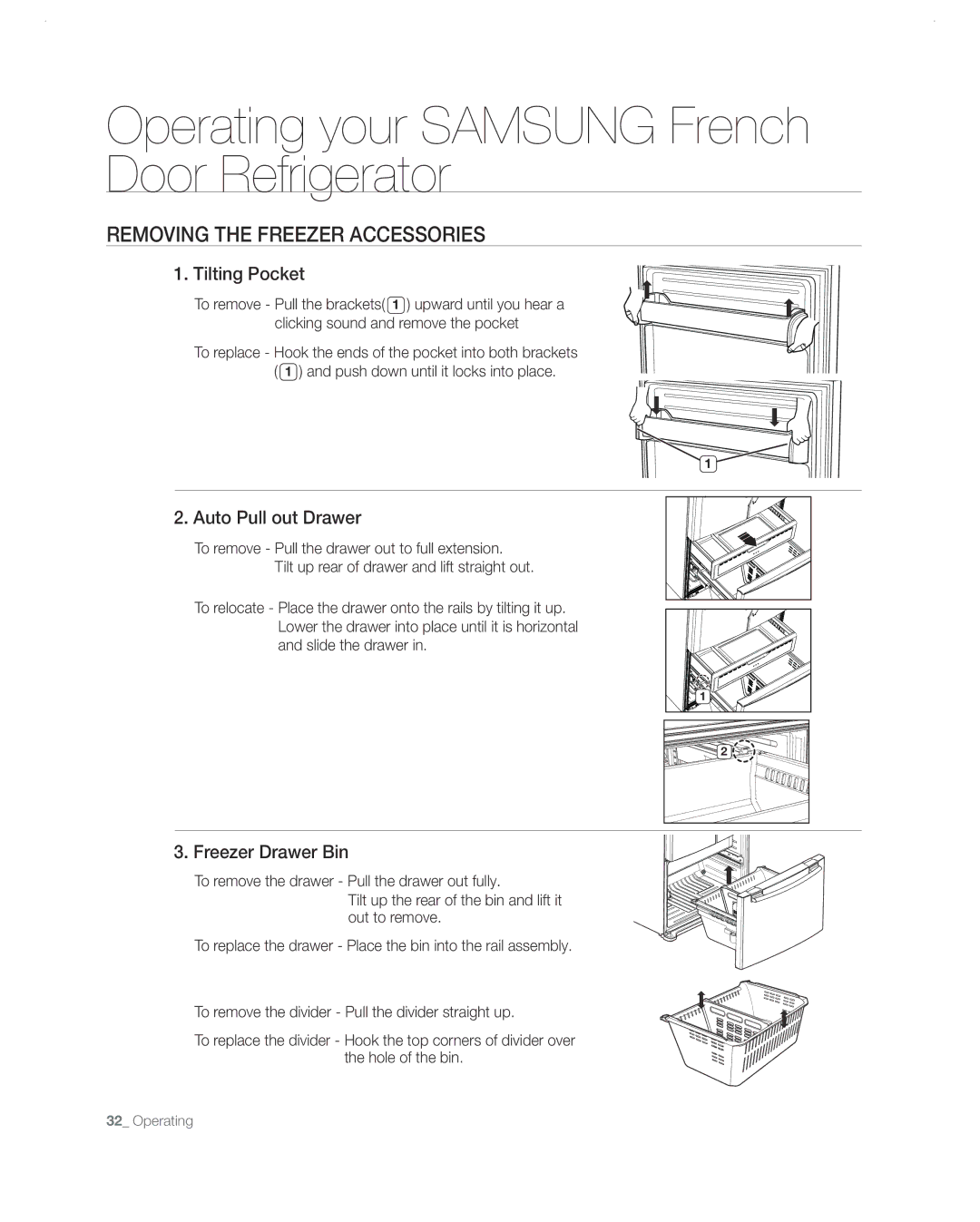 Samsung RF26VABBP user manual Removing the Freezer Accessories, Tilting Pocket, Auto Pull out Drawer, Freezer Drawer Bin 