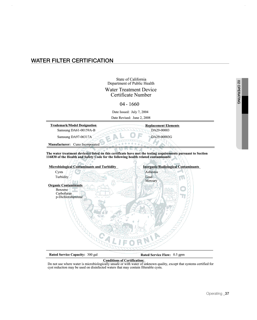 Samsung RF26VABBP user manual Water Filter Certification 