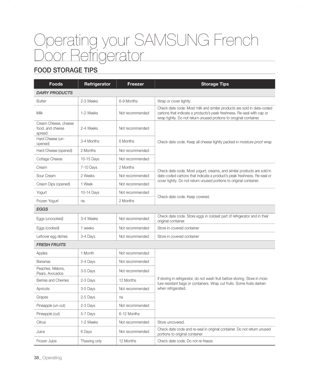 Samsung RF26VABBP user manual Food Storage Tips, Foods Refrigerator Freezer Storage Tips 