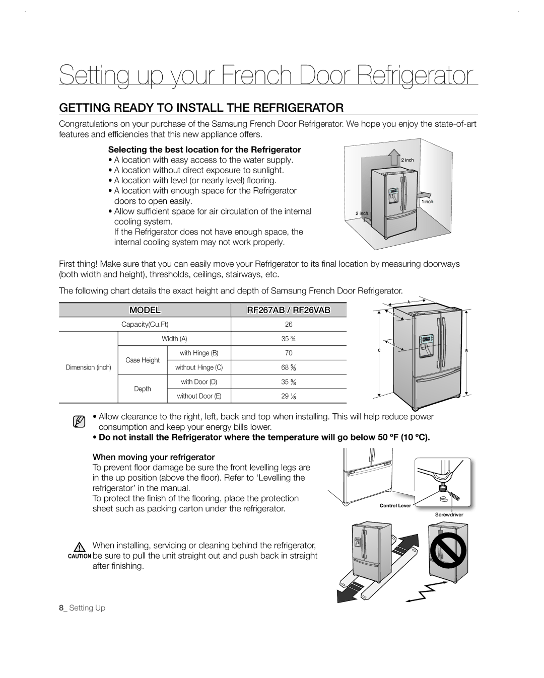 Samsung RF26VABBP user manual Setting up your French Door Refrigerator, Getting Ready to Install the Refrigerator 