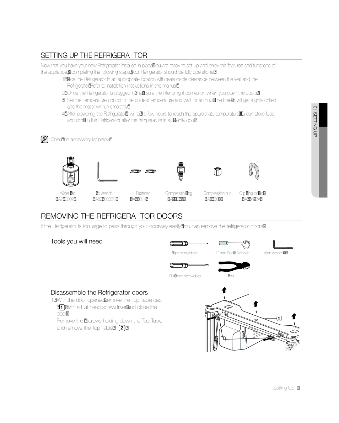 Samsung RF26VABBP user manual Setting UP the Refrigerator, Removing the refrigerator doors, Tools you will need 