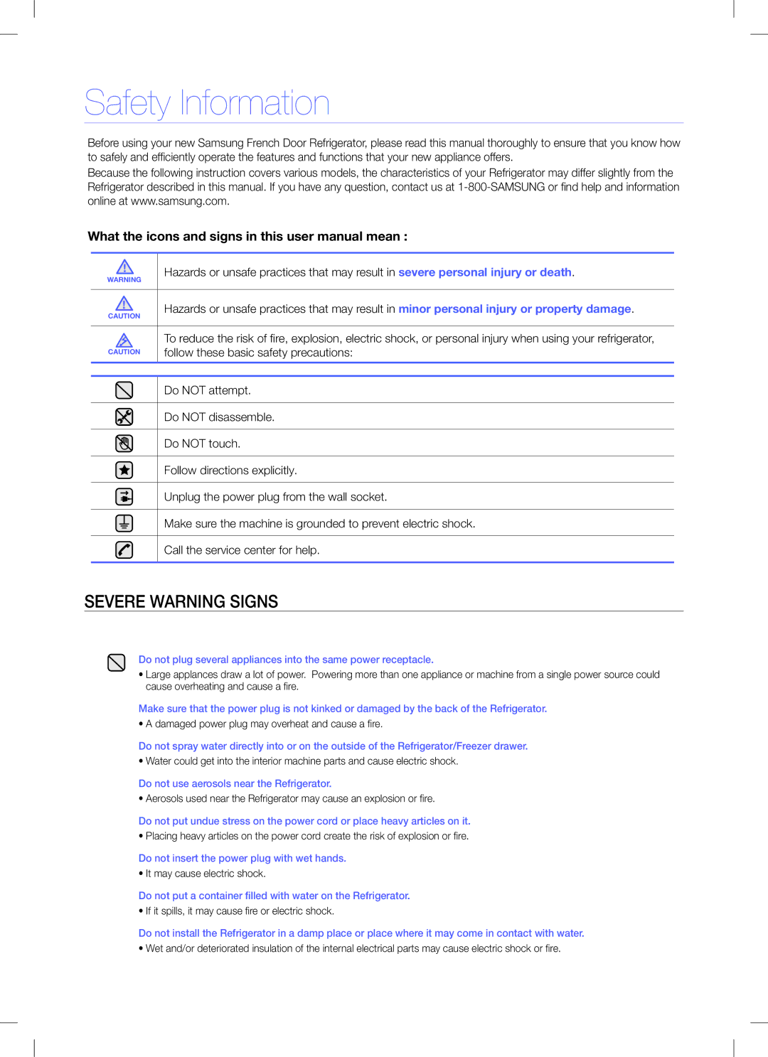 Samsung RF26XAEBP quick start Safety Information, Follow these basic safety precautions 