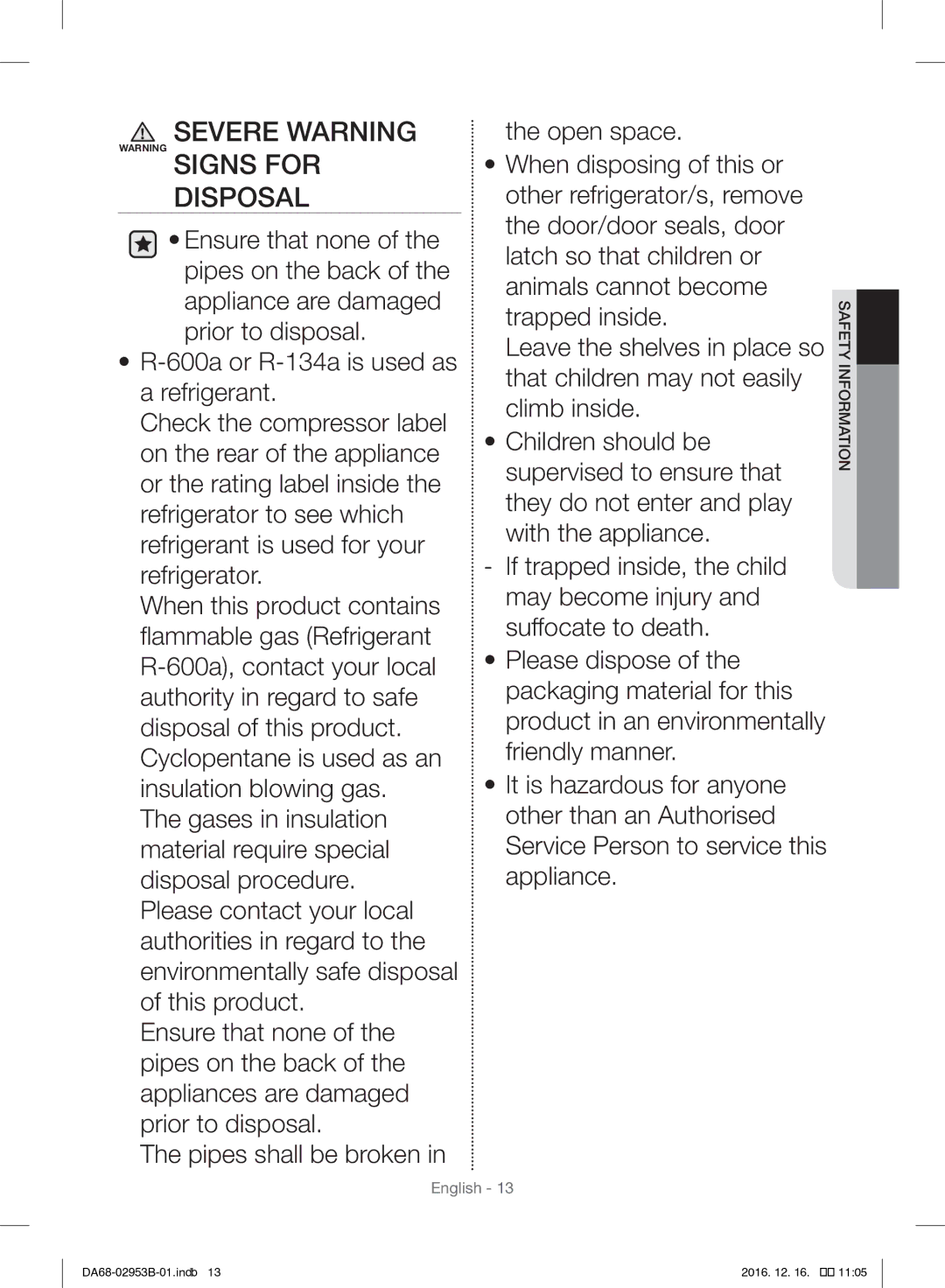 Samsung RF28HFEDBSR/ML manual Severe Warning Warning Signs for Disposal 