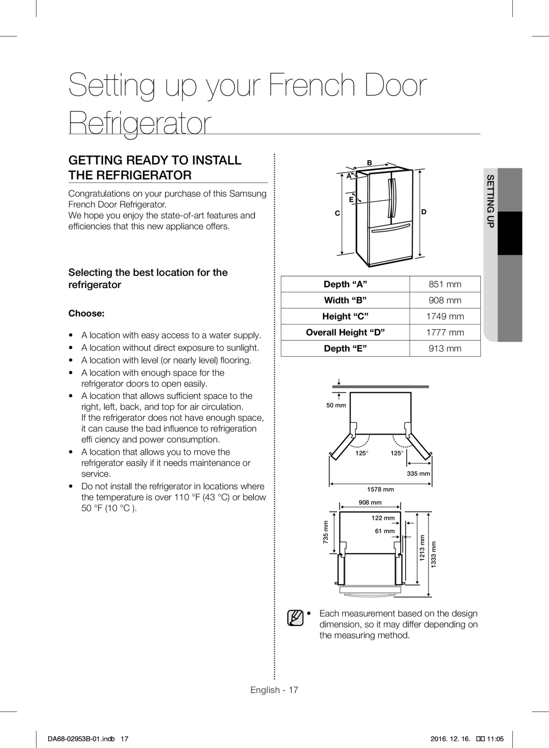 Samsung RF28HFEDBSR/ML manual Setting up your French Door Refrigerator, Getting Ready to Install the Refrigerator, Choose 