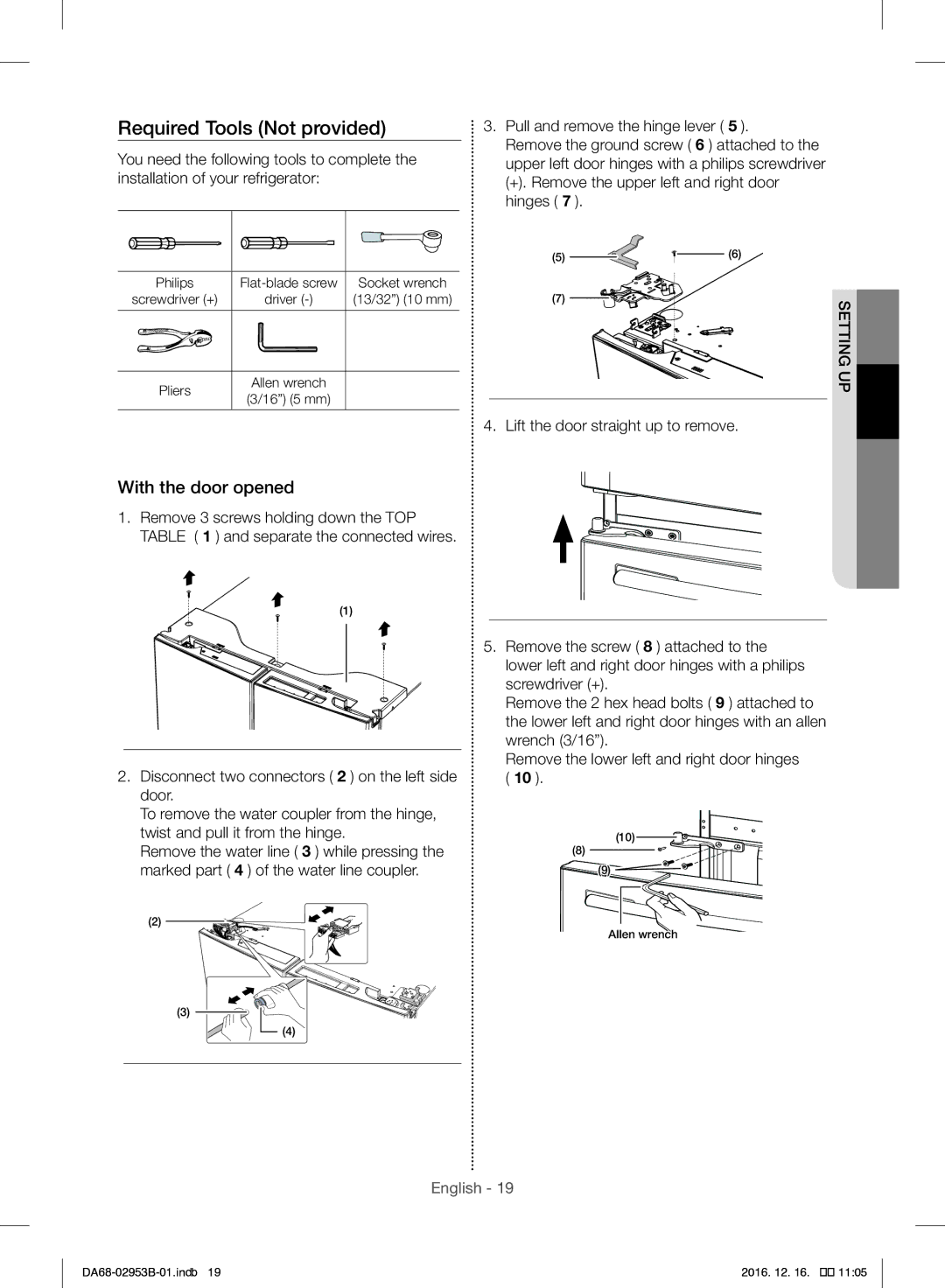 Samsung RF28HFEDBSR/ML manual Required Tools Not provided, With the door opened, Pull and remove the hinge lever 