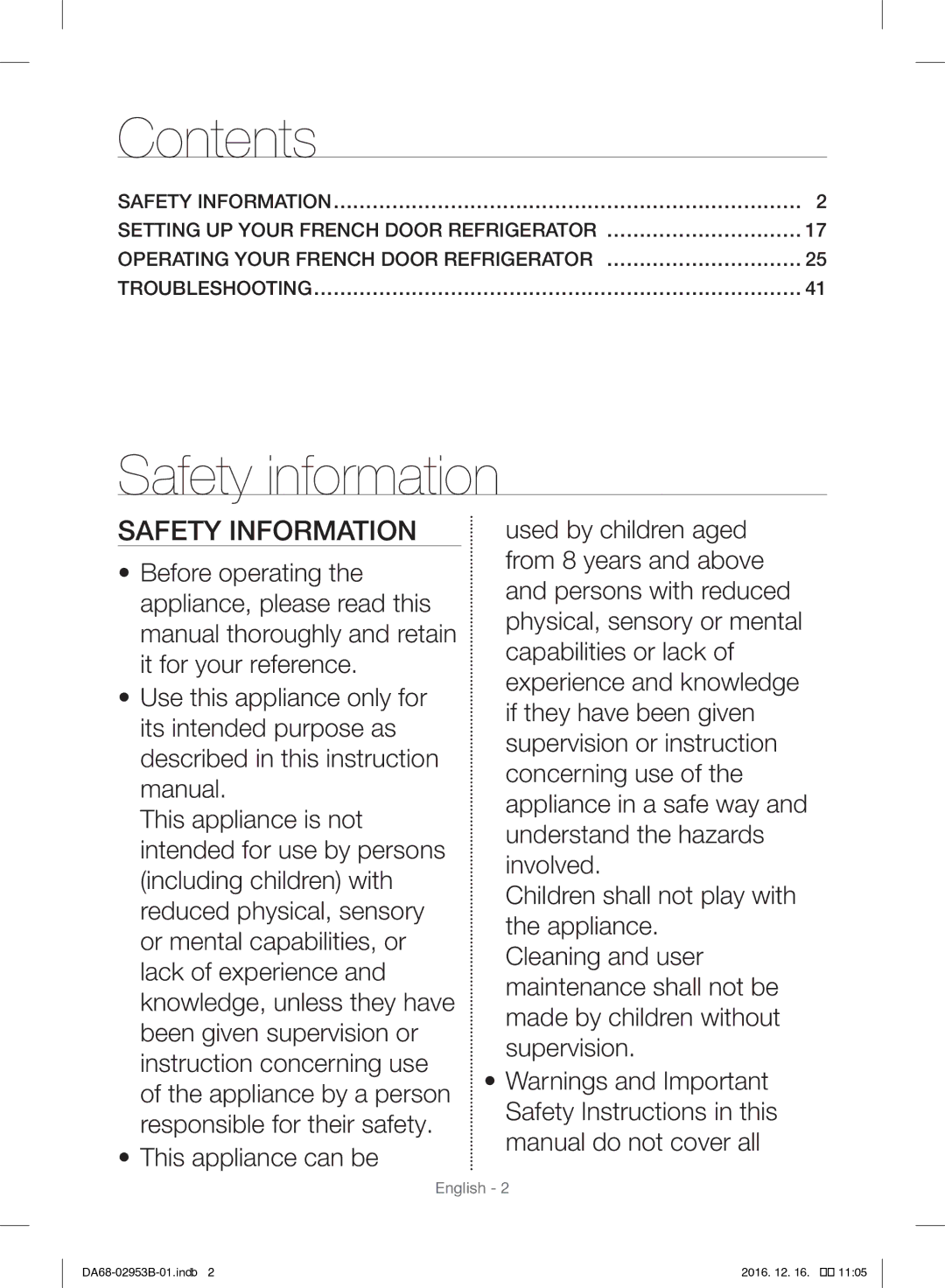 Samsung RF28HFEDBSR/ML manual Contents, Safety information 