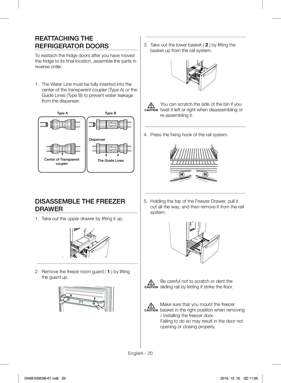 Samsung RF28HFEDBSR/ML manual Reattaching Refrigerator Doors, Disassemble the Freezer Drawer 