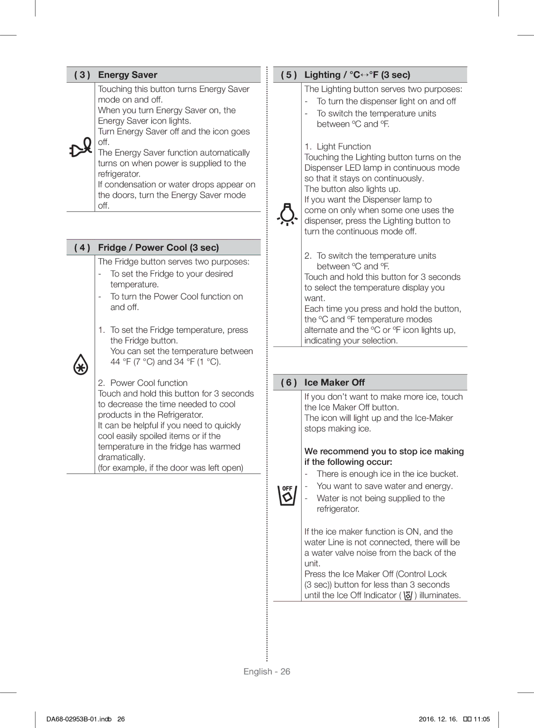 Samsung RF28HFEDBSR/ML manual Energy Saver, Fridge / Power Cool 3 sec, Lighting / C↔F 3 sec, Ice Maker Off 