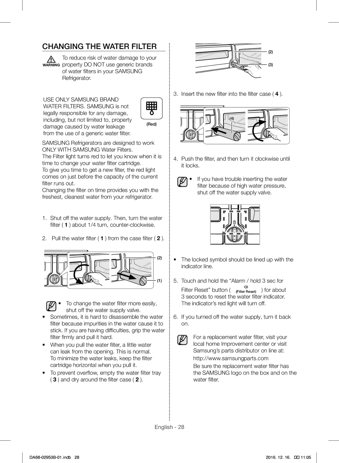 Samsung RF28HFEDBSR/ML manual Changing the Water Filter 