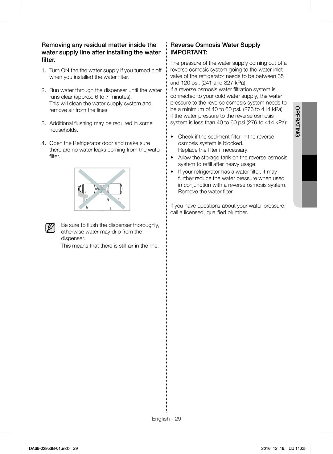 Samsung RF28HFEDBSR/ML manual Reverse Osmosis Water Supply 