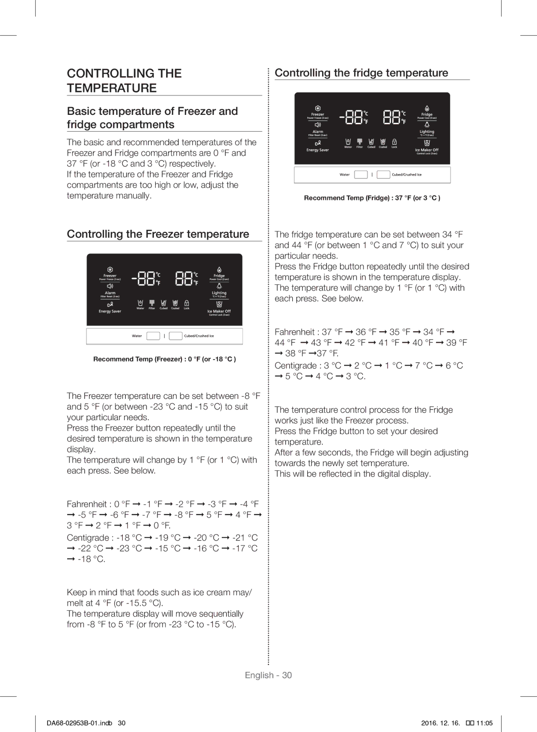 Samsung RF28HFEDBSR/ML manual Controlling Temperature, Basic temperature of Freezer and fridge compartments 