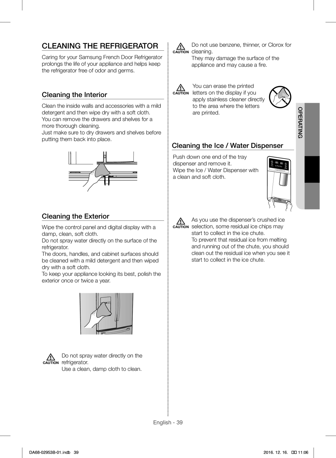 Samsung RF28HFEDBSR/ML manual Cleaning the Refrigerator, Cleaning the Interior, Cleaning the Ice / Water Dispenser 