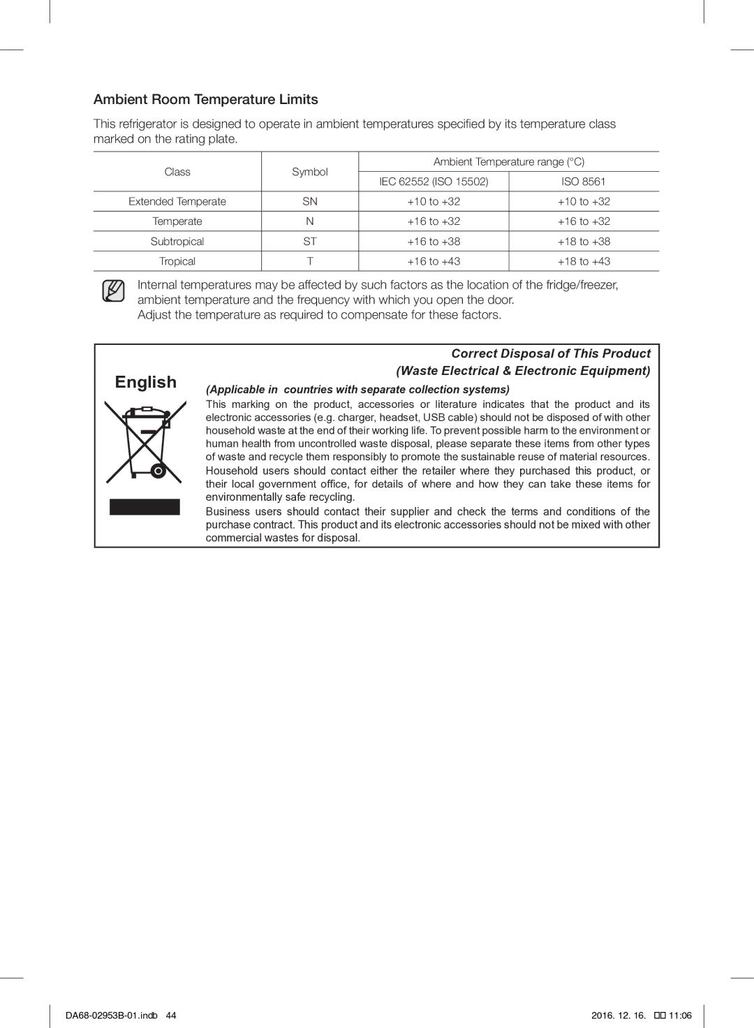 Samsung RF28HFEDBSR/ML manual English, Ambient Room Temperature Limits 