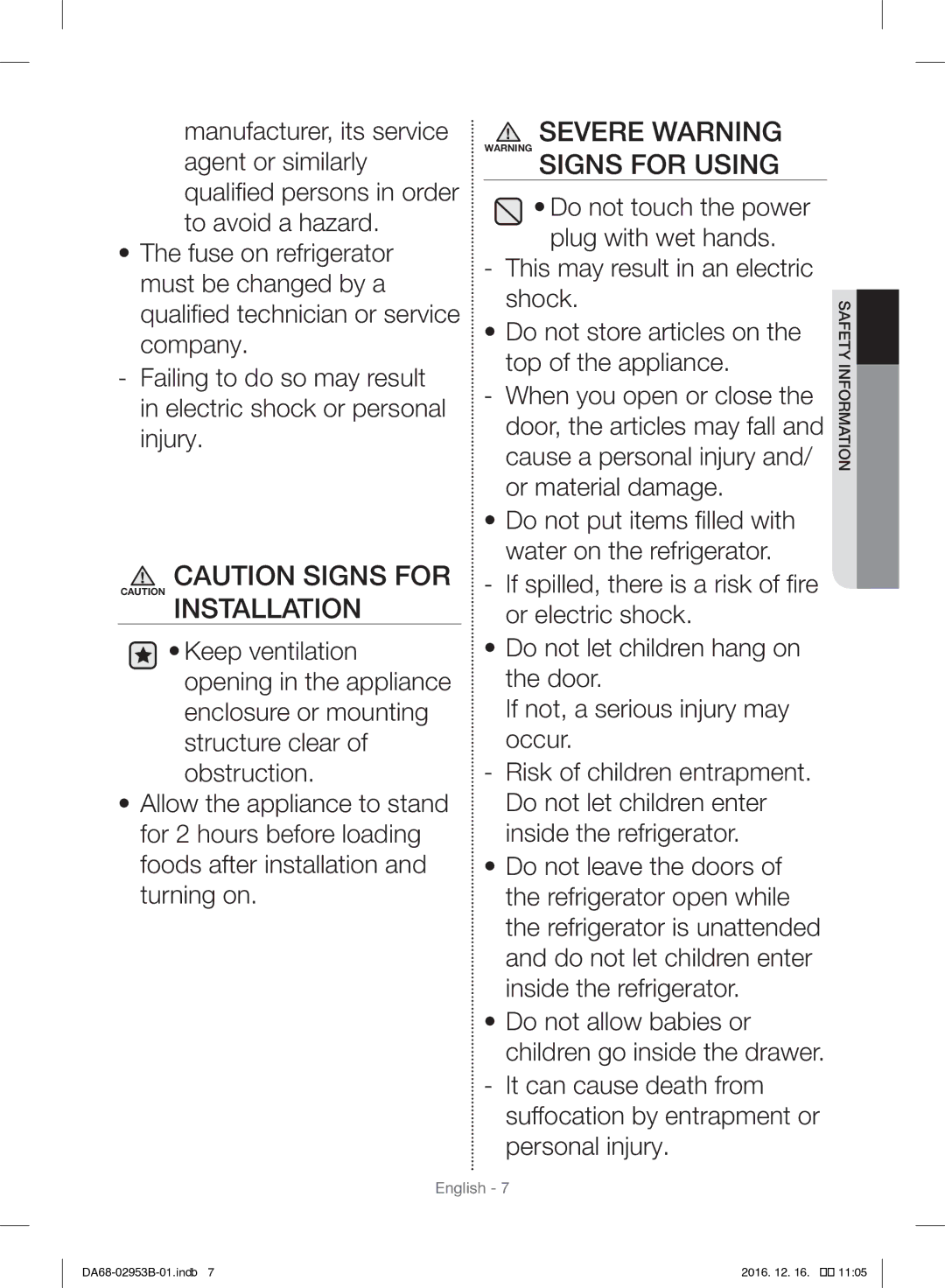 Samsung RF28HFEDBSR/ML manual Severe Warning Warning Signs for Using 