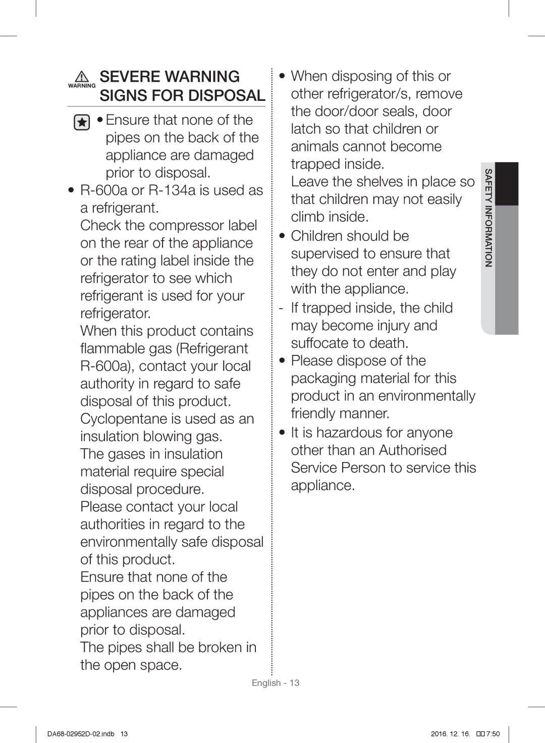 Samsung RF28HMEDBSR/ML manual Severe Warning Warning Signs for Disposal 