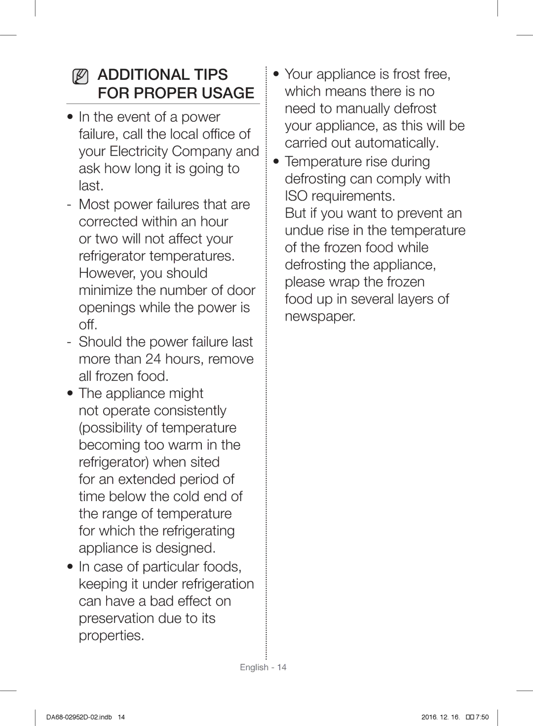 Samsung RF28HMEDBSR/ML manual Additional Tips for Proper Usage 