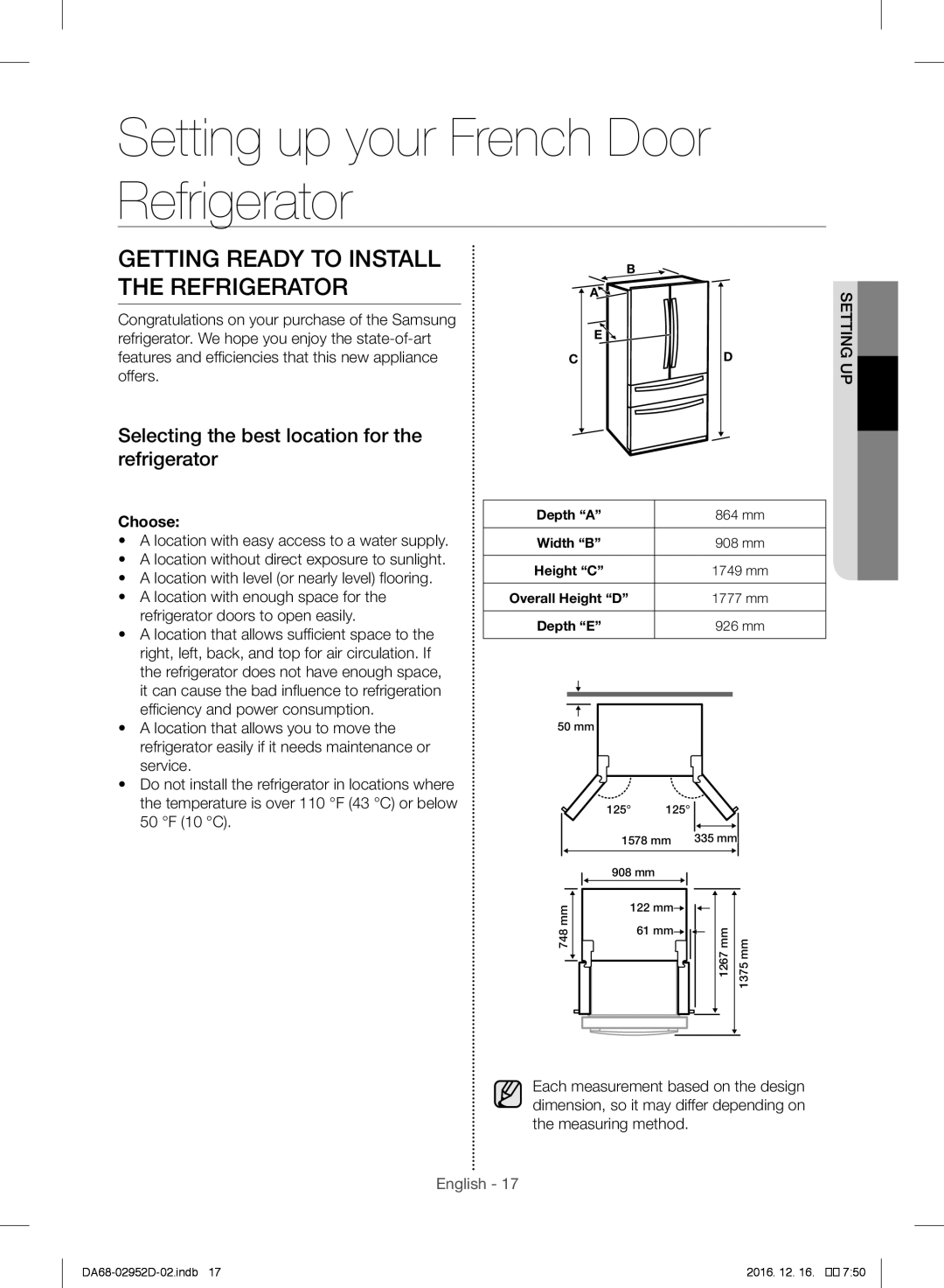 Samsung RF28HMEDBSR/ML Getting Ready to Install the Refrigerator, Selecting the best location for the refrigerator, Choose 