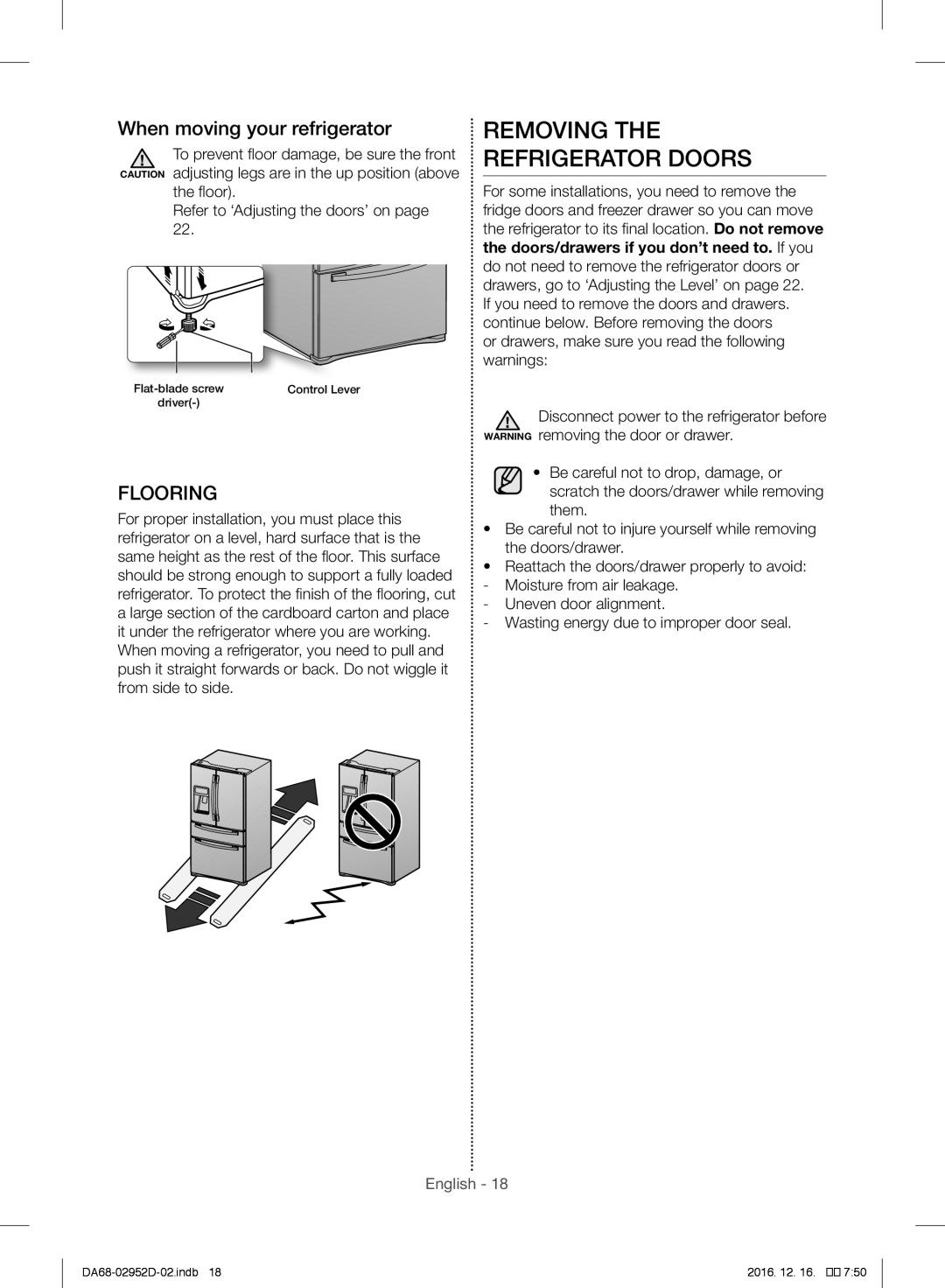 Samsung RF28HMEDBSR/ML manual Removing the Refrigerator Doors, When moving your refrigerator 