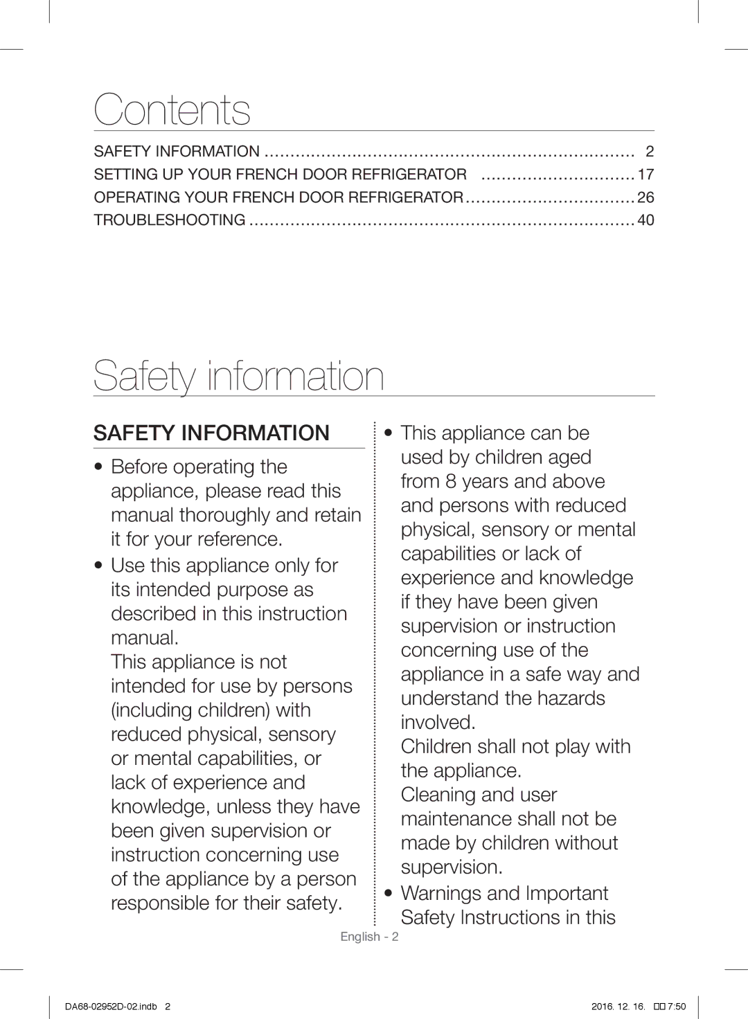 Samsung RF28HMEDBSR/ML manual Contents 