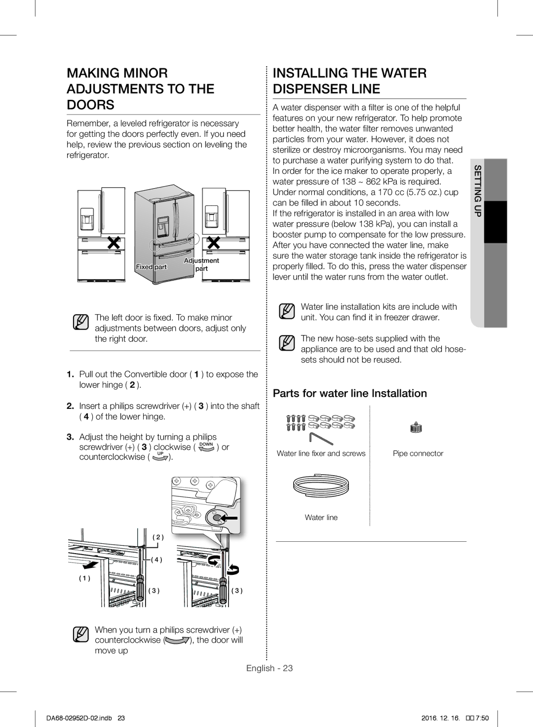 Samsung RF28HMEDBSR/ML Making Minor Adjustments to the Doors, Installing the Water Dispenser Line, Counterclockwise UP 