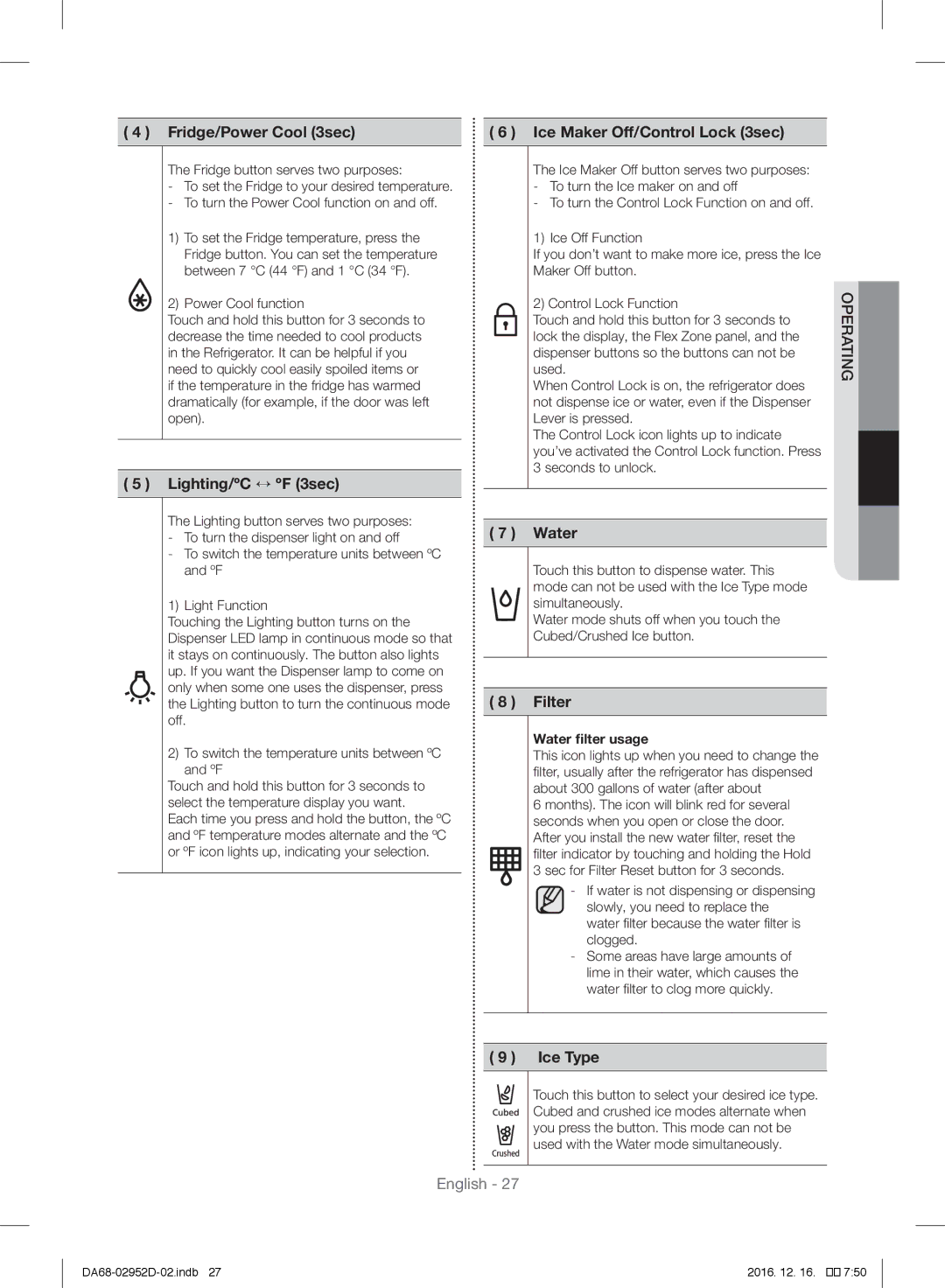 Samsung RF28HMEDBSR/ML manual Fridge/Power Cool 3sec, Lighting/ºC ↔ ºF 3sec, Ice Maker Off/Control Lock 3sec, Water, Filter 