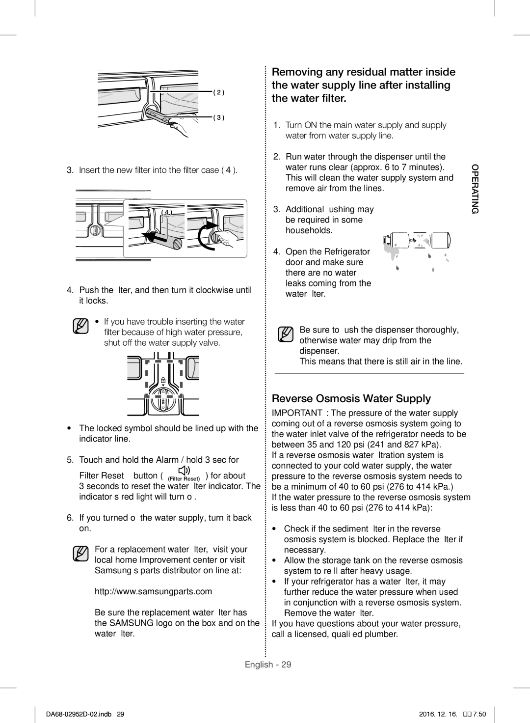 Samsung RF28HMEDBSR/ML manual Reverse Osmosis Water Supply, Touch and hold the Alarm / hold 3 sec for 