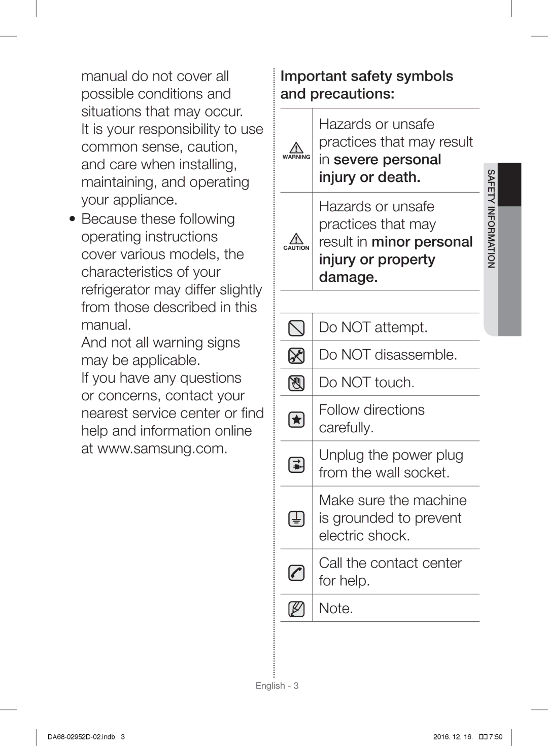 Samsung RF28HMEDBSR/ML manual Safetyinformation 