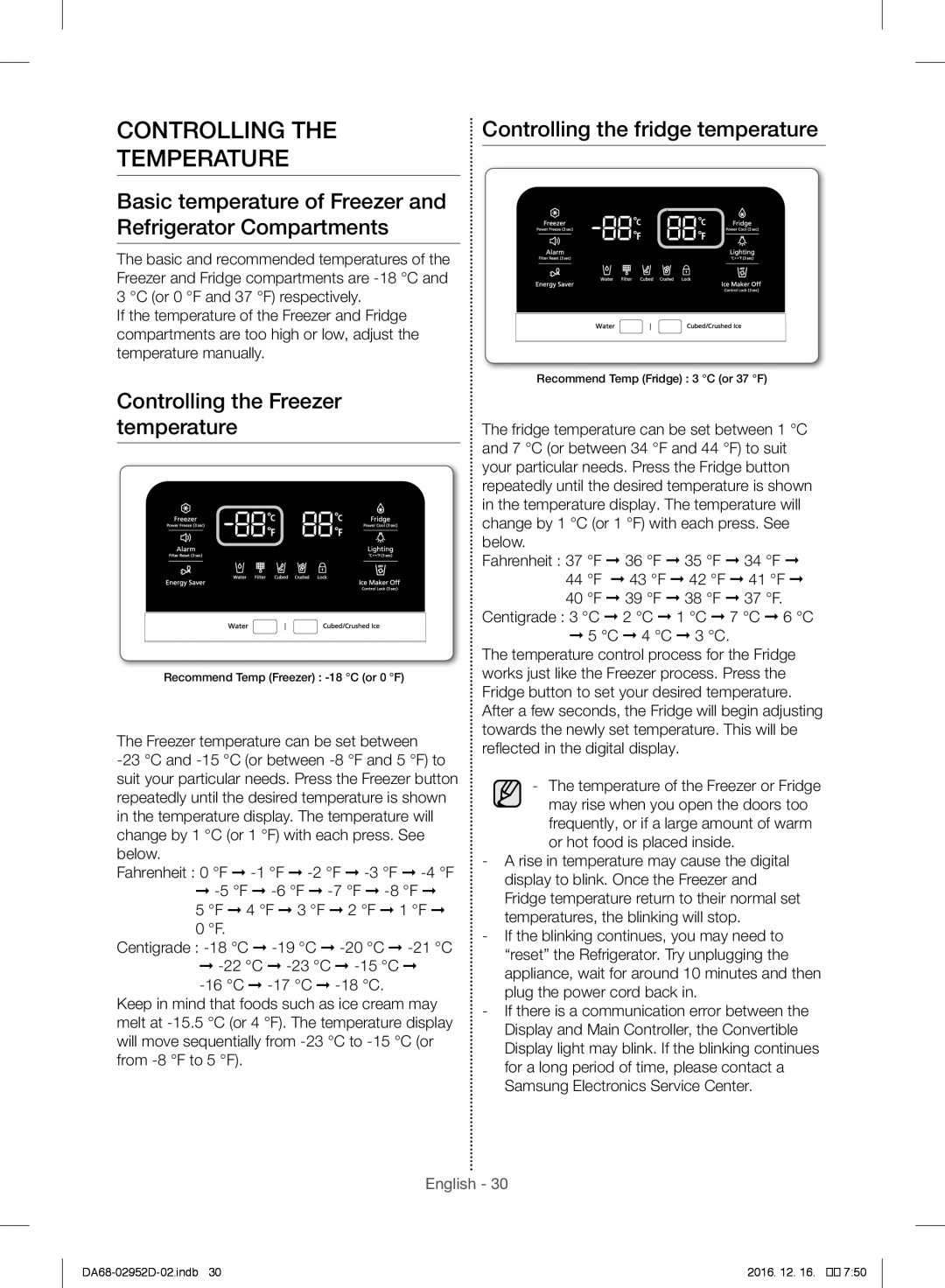 Samsung RF28HMEDBSR/ML manual Controlling Temperature, Basic temperature of Freezer and Refrigerator Compartments 