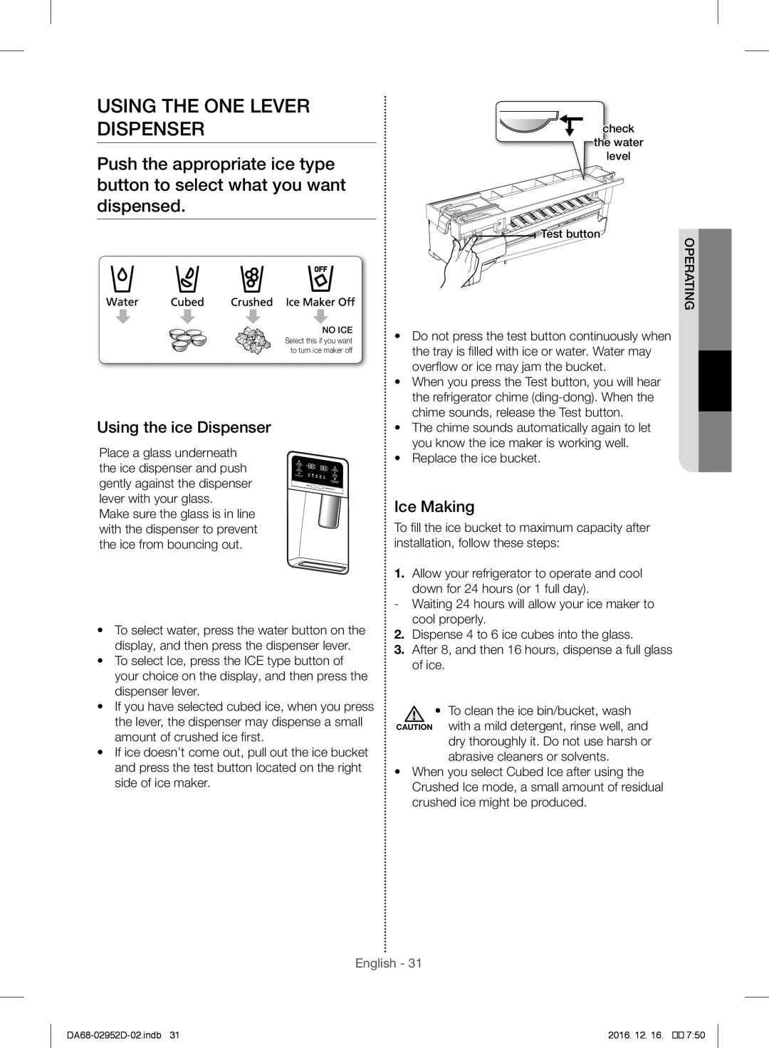 Samsung RF28HMEDBSR/ML Using the ONE Lever Dispenser, Using the ice Dispenser, Ice Making, Bucket, Replace the ice bucket 