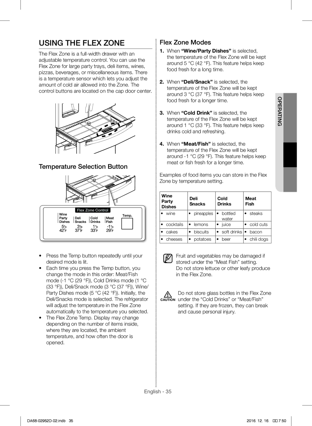 Samsung RF28HMEDBSR/ML manual Using the Flex Zone, Temperature Selection Button, Flex Zone Modes, Bacon 