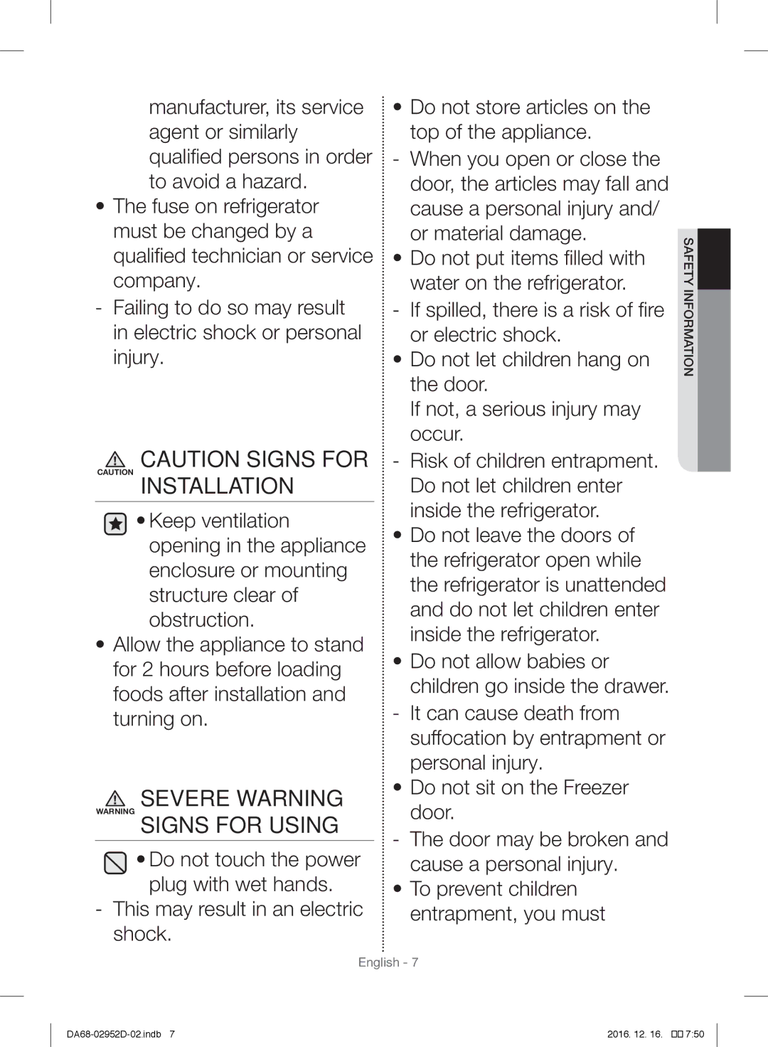 Samsung RF28HMEDBSR/ML manual Severe Warning Warning Signs for Using 