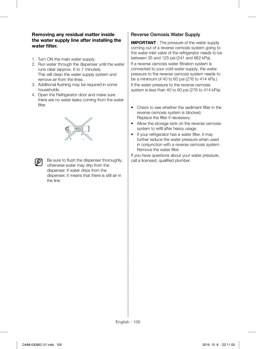 Samsung RF28HMELBSR/ML manual Reverse Osmosis Water Supply 