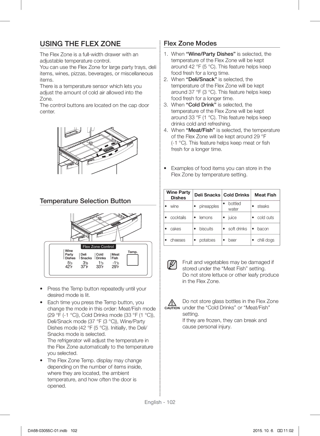 Samsung RF28HMELBSR/ML manual Using the Flex Zone, Flex Zone Modes, Temperature Selection Button 