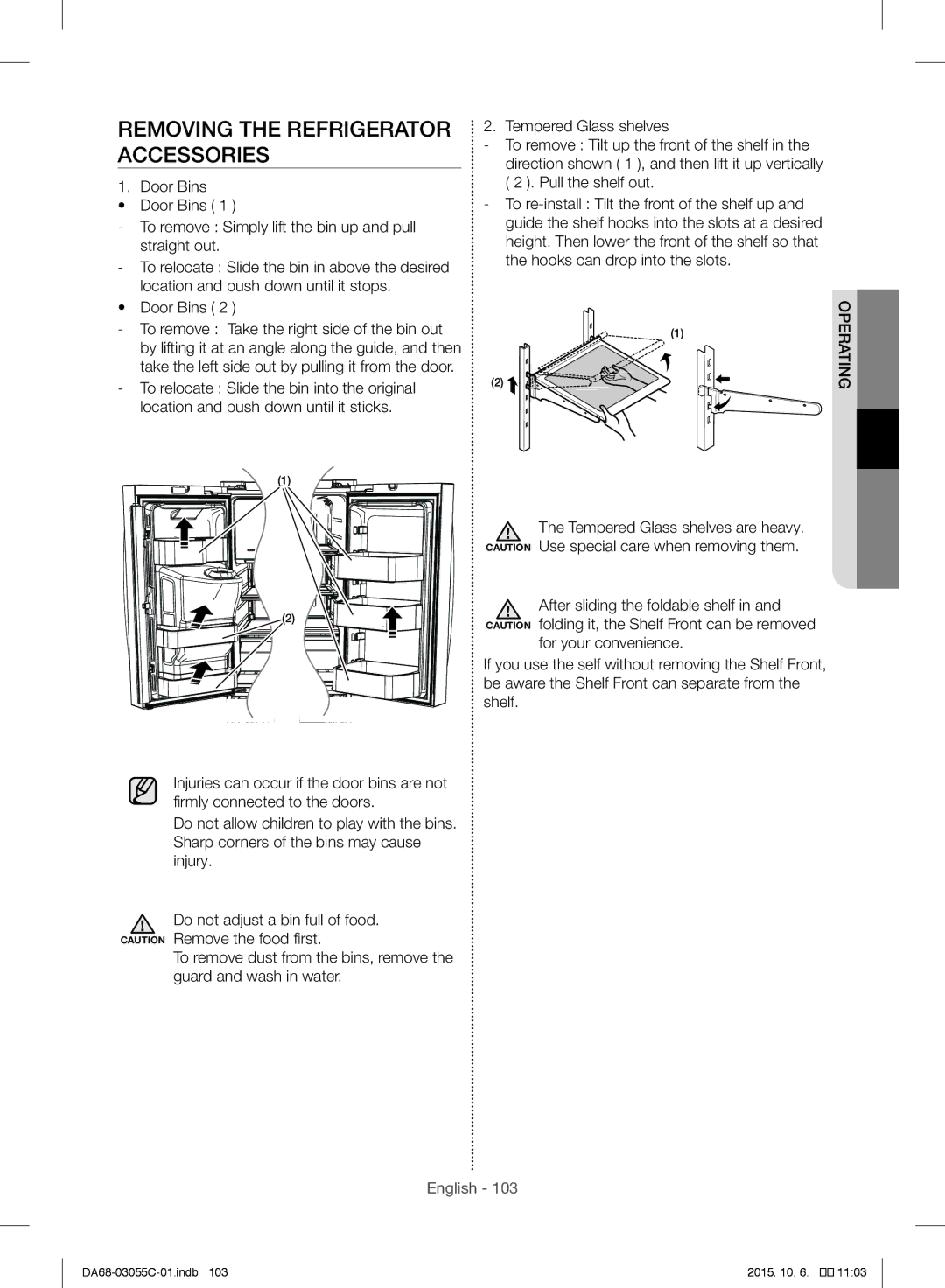 Samsung RF28HMELBSR/ML manual Removing the Refrigerator Accessories, Door Bins 