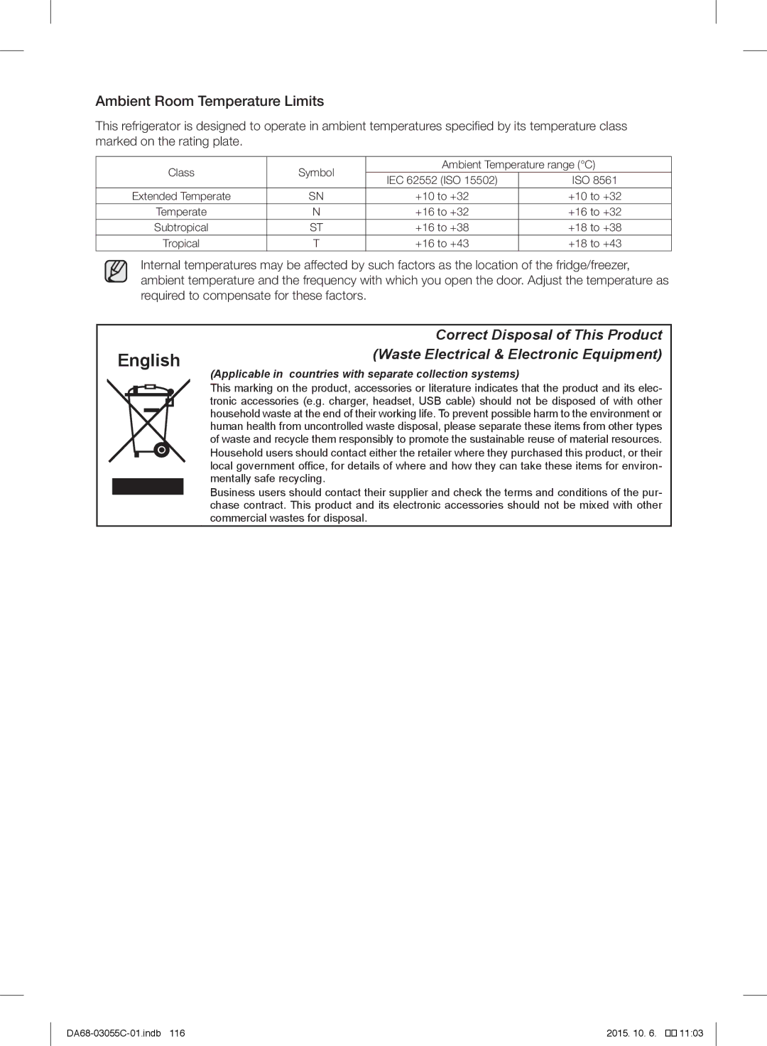 Samsung RF28HMELBSR/ML manual English, Ambient Room Temperature Limits 