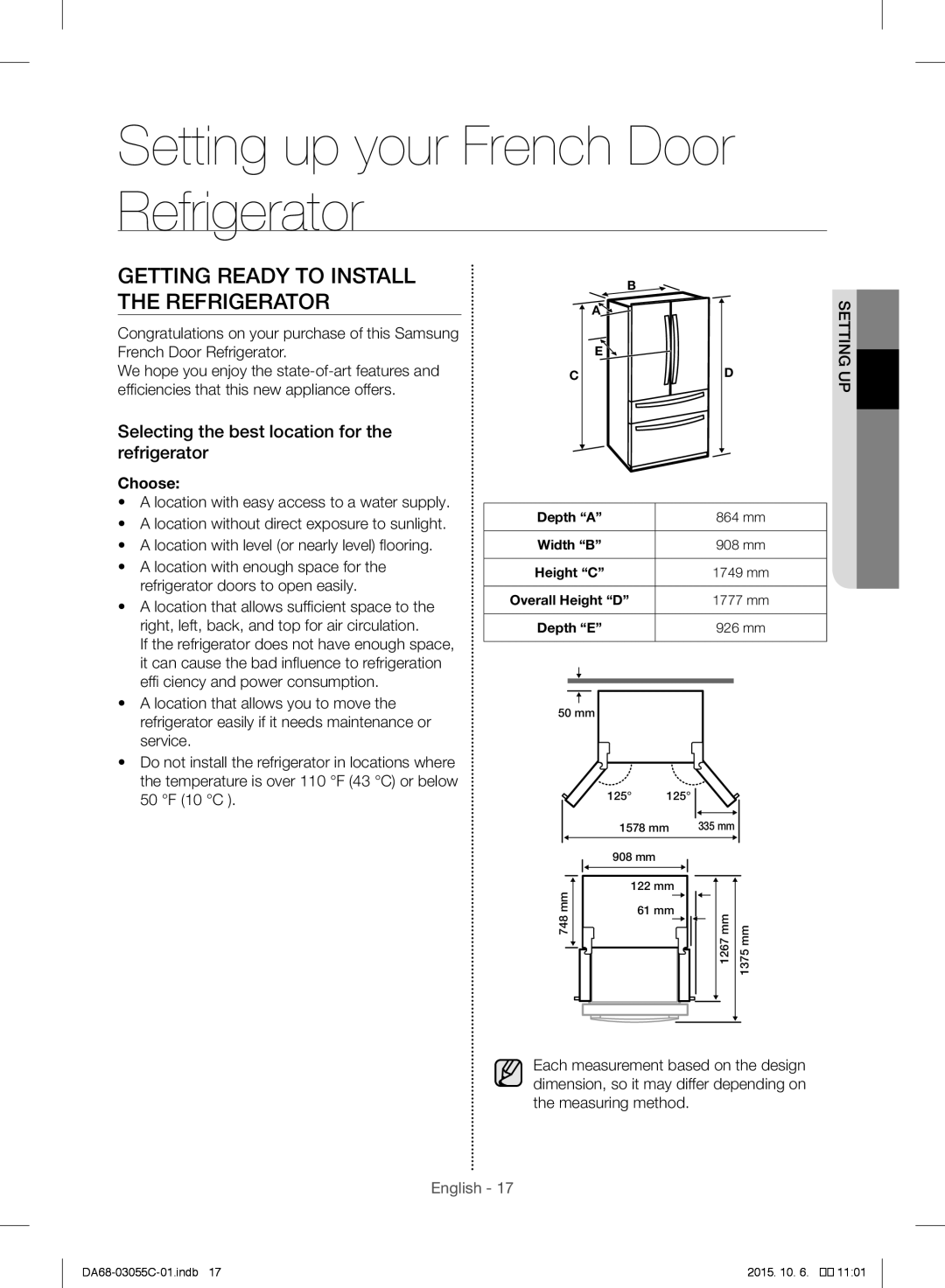 Samsung RF28HMELBSR/ML Getting Ready to Install the Refrigerator, Selecting the best location for the refrigerator, Choose 