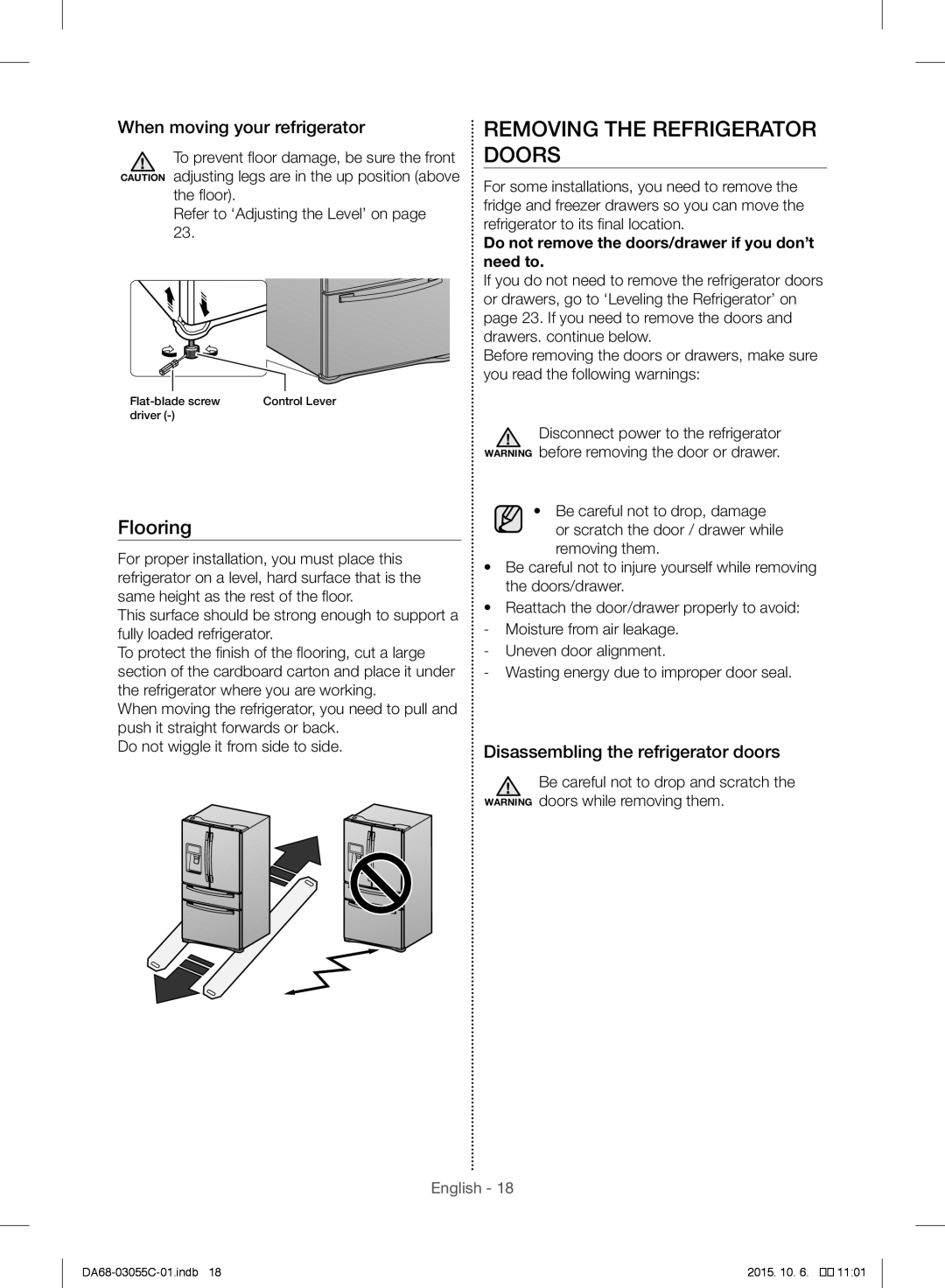 Samsung RF28HMELBSR/ML manual Removing the Refrigerator Doors, Flooring, When moving your refrigerator 