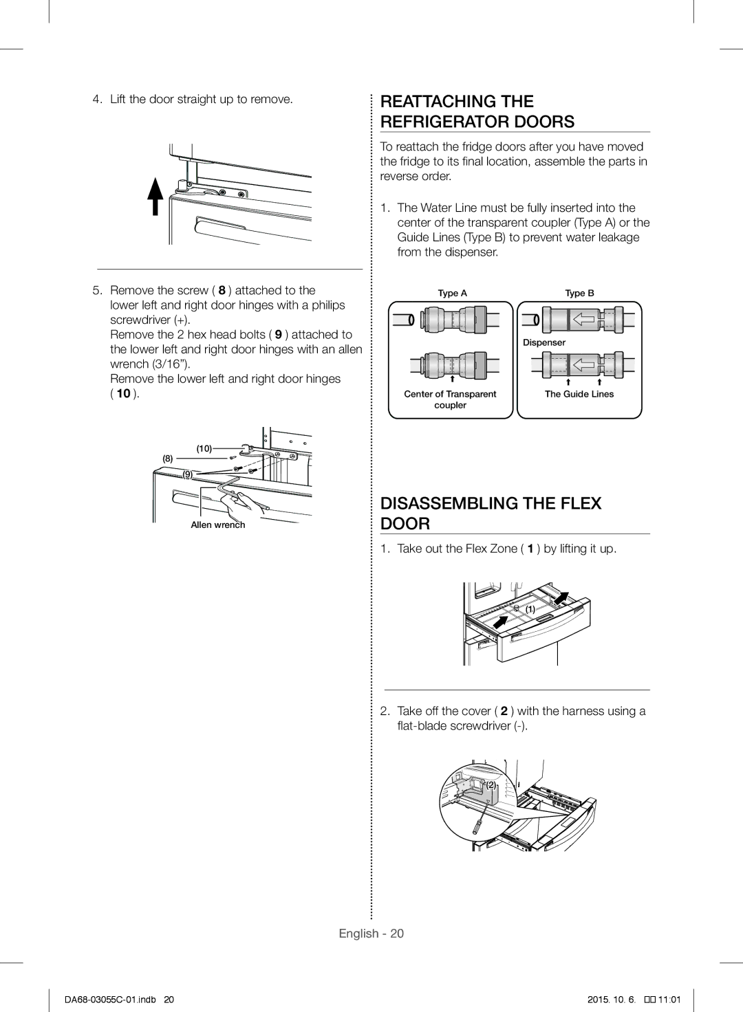 Samsung RF28HMELBSR/ML manual Reattaching Refrigerator Doors, Disassembling the Flex Door 