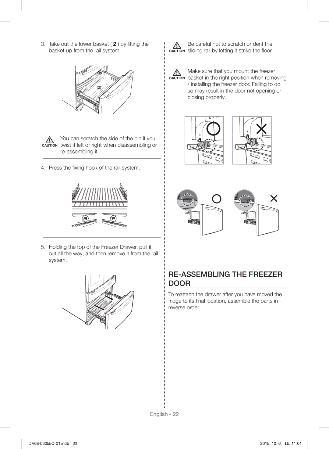 Samsung RF28HMELBSR/ML manual RE-ASSEMBLING the Freezer Door 