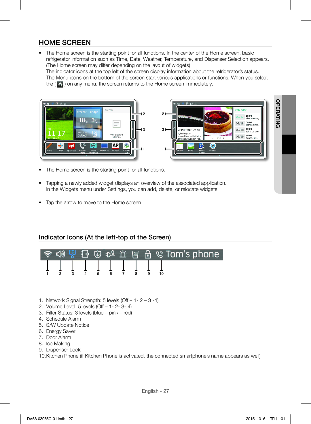 Samsung RF28HMELBSR/ML manual Home Screen, Indicator Icons At the left-top of the Screen 