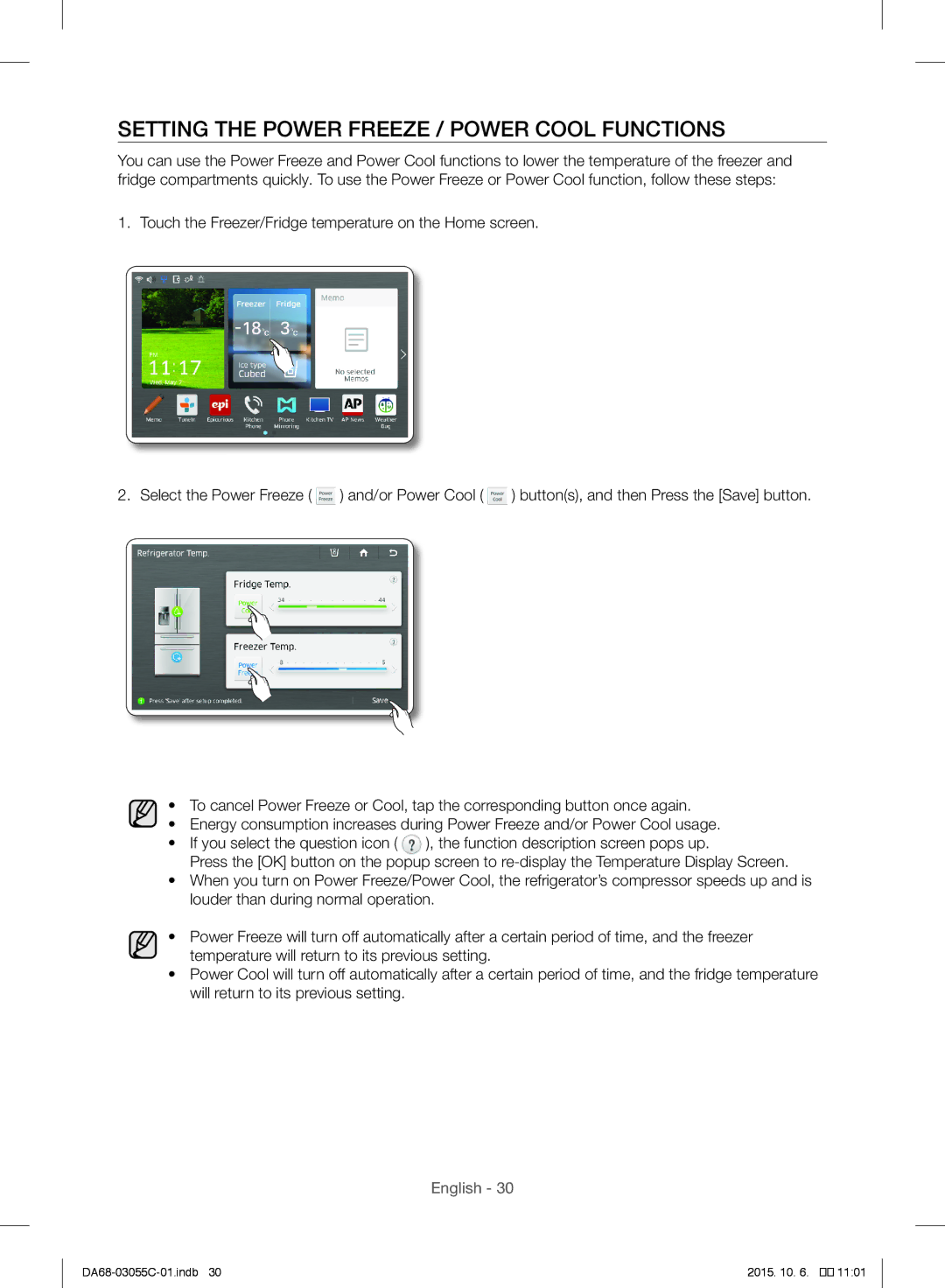 Samsung RF28HMELBSR/ML manual Setting the Power Freeze / Power Cool Functions 