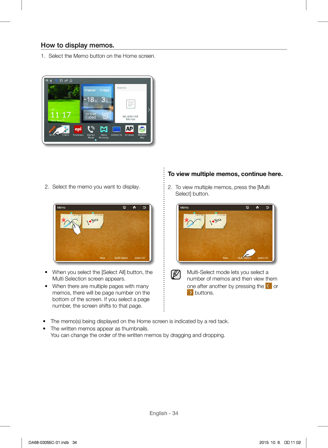 Samsung RF28HMELBSR/ML manual How to display memos, To view multiple memos, continue here 