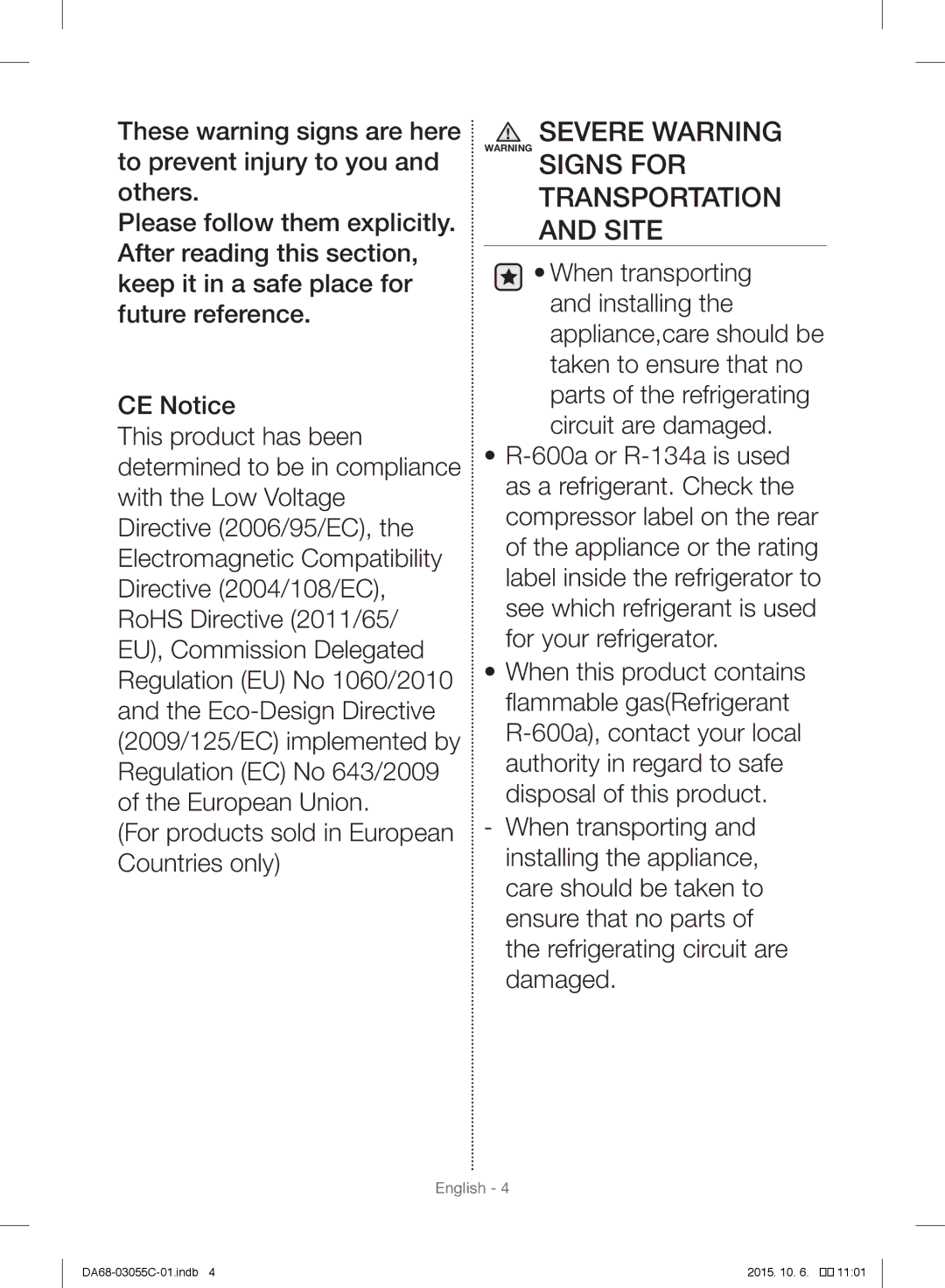 Samsung RF28HMELBSR/ML manual Severe Warning Warning Signs for 