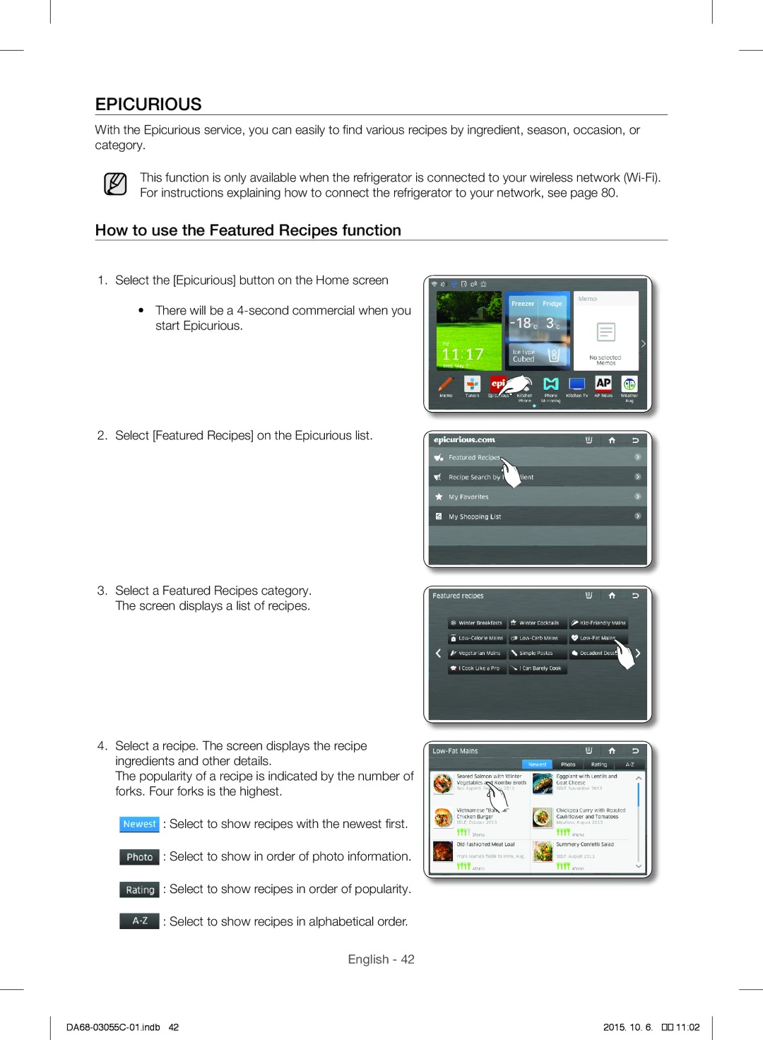 Samsung RF28HMELBSR/ML manual Epicurious, How to use the Featured Recipes function 