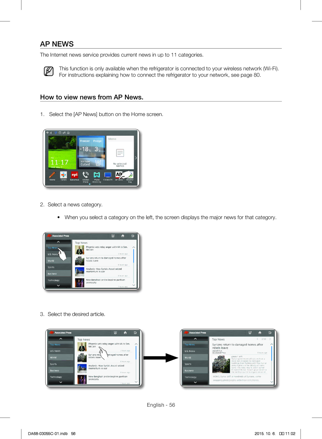 Samsung RF28HMELBSR/ML manual How to view news from AP News 