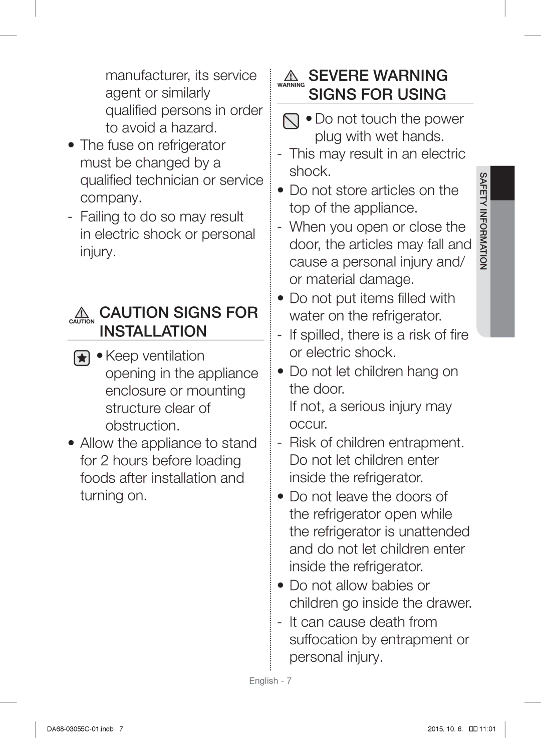 Samsung RF28HMELBSR/ML manual Severe Warning Warning Signs for Using 