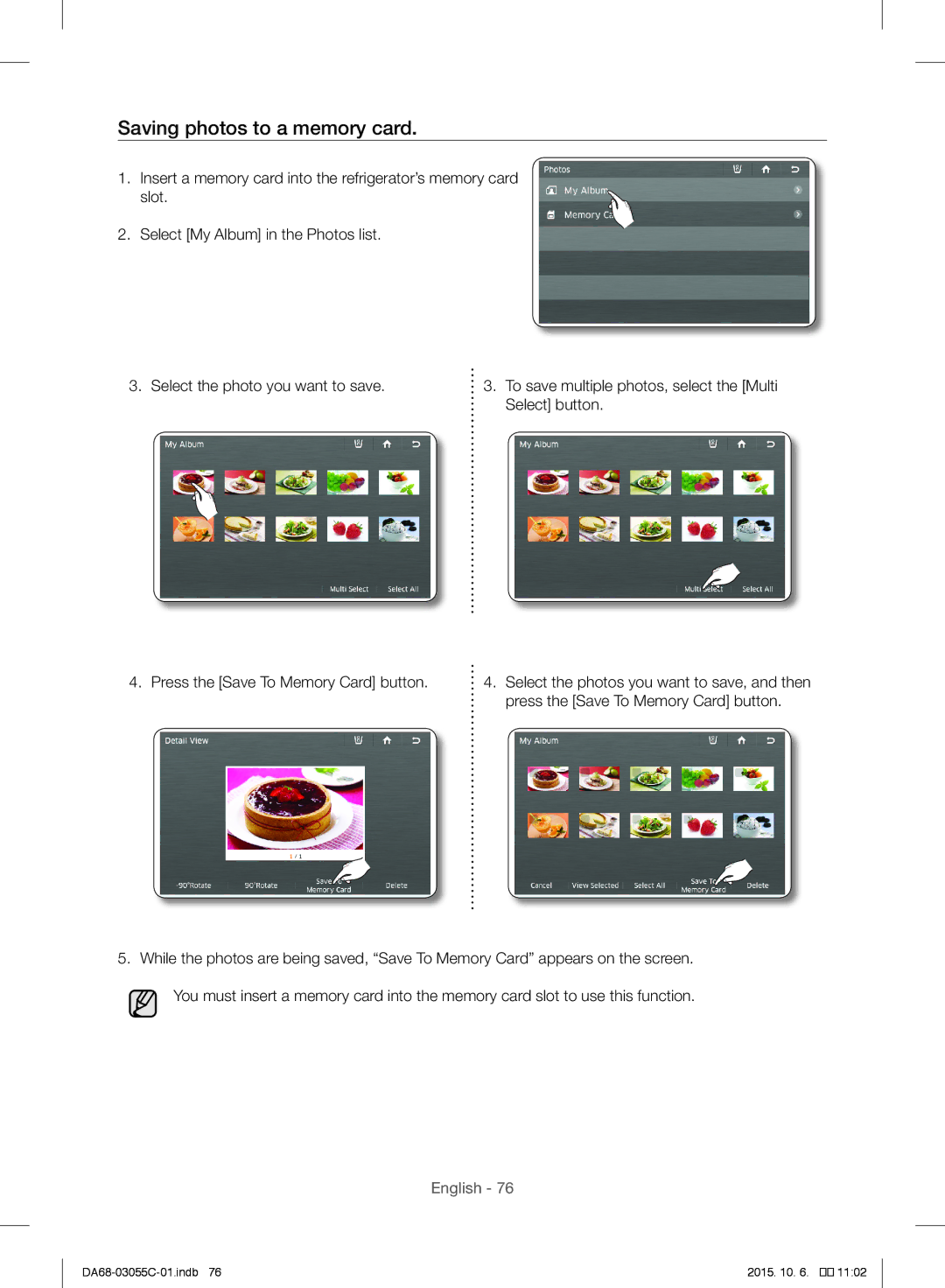 Samsung RF28HMELBSR/ML manual Saving photos to a memory card 