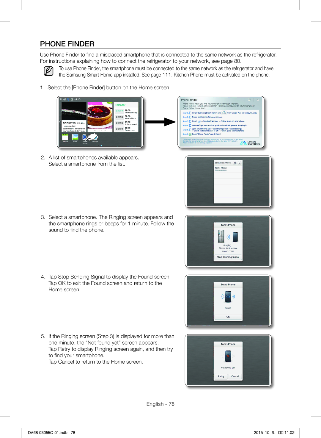 Samsung RF28HMELBSR/ML manual Select the Phone Finder button on the Home screen 